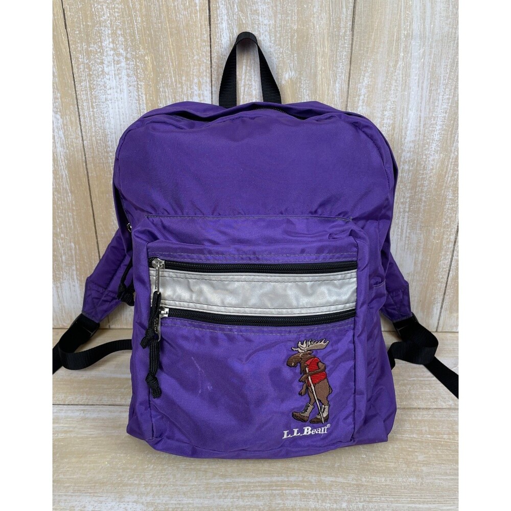 Vintage 90’s LL Bean Youth Backpack Purple w/Embroidered Moose Reflective Strip
